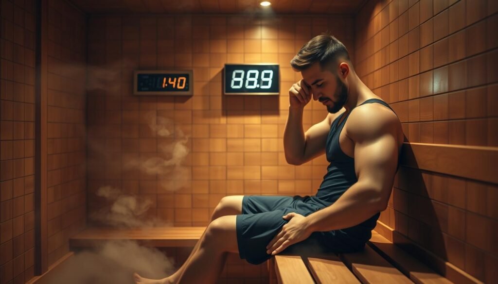 A serene sauna environment, bathed in warm, soft lighting that creates a relaxing atmosphere. In the foreground, a professional-looking man in modest athletic wear, wiping his brow, sits comfortably on a wooden bench, illustrating post-workout recovery. The middle layer features a digital timer on the wall, subtly indicating optimal sauna duration for boosting HGH levels. In the background, steam swirls gently around the room, while wooden slats reflect the golden glow of the light. The overall mood is tranquil and inviting, emphasizing wellness and rejuvenation after exercise. Capture this scene with a slightly angled perspective, utilizing a warm color palette to enhance the sense of relaxation and health.