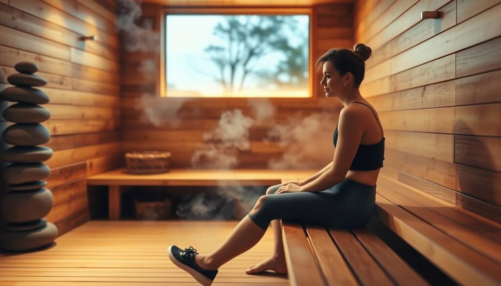 A serene sauna environment designed to enhance human growth hormone levels. In the foreground, a person in modest athletic wear sits on a wooden bench, looking relaxed and rejuvenated, as steam gently envelops them. The middle ground features classic sauna elements: elegantly stacked smooth stones, wooden walls, and soft, ambient lighting illuminating the warm wood tones. In the background, a large window shows a blurred natural landscape, hinting at tranquility. The atmosphere conveys calm and wellness, promoting a sense of post-workout recovery. The scene is captured with a soft focus lens to emphasize warmth and serenity, with warm golden tones dominating the palette to enhance the feeling of relaxation and health.