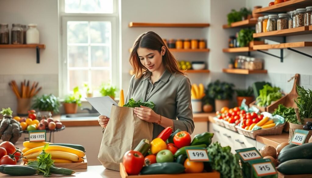 A well-organized kitchen setting filled with fresh, vibrant vegetables and fruits neatly arranged on wooden countertops. In the foreground, a young woman in a professional outfit is carefully examining her grocery list while holding a reusable shopping bag. The middle ground features an array of colorful produce labeled with affordable prices, emphasizing the concept of smart shopping. In the background, a sunlit window brings in warm natural light, casting soft shadows. Shelves are filled with jars of spices and grains to reflect healthy cooking options. The atmosphere is lively and inspiring, capturing the essence of budgeting and nutrition. The overall color palette is bright and inviting, promoting a sense of health and well-being.