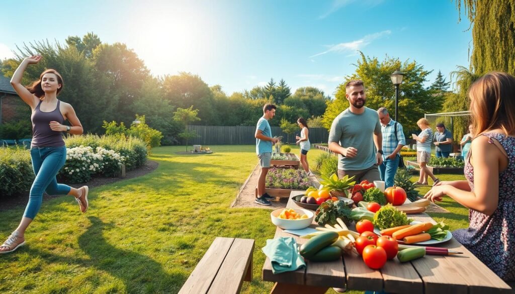 A serene and harmonious outdoor setting showcasing the dual benefits of a healthy lifestyle for both the individual and the Earth. In the foreground, a diverse group of casually dressed individuals engaging in various healthy activities: a young woman practicing yoga, a man jogging, and a couple preparing a colorful plant-based meal on a picnic table adorned with fresh vegetables. The middle ground features lush greenery, blooming flowers, and a small community garden where people are gardening collaboratively. The background reveals a clear blue sky with soft, warm sunlight illuminating the scene, creating a peaceful atmosphere. The image should convey a sense of well-being, community, and environmental sustainability, captured with a wide-angle lens to emphasize the beauty of the natural environment.