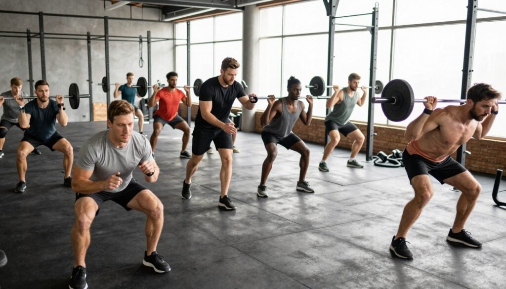 A vibrant fitness scene showcasing men engaged in an intense workout session during the second week of a four-week fitness program. In the foreground, a diverse group of men in modest, athletic clothing are performing various exercises such as weightlifting, sprinting, and circuit training. In the middle ground, a personal trainer guides them with precise instructions, emphasizing form and intensity. The background features a well-equipped gym with bright lighting that enhances the active atmosphere. The camera angle captures the energy and focus of the participants, while dynamic shadows add depth. The overall mood is motivating and inspiring, encouraging a sense of community and commitment to health improvement.